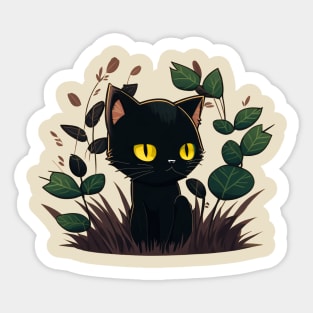 Cartoon Black Cat Sits Garden Sticker